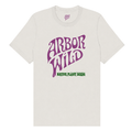 An vintage off-white crewneck t-shirt featuring a purple graphic that reads 'ARBOR WILD' in a stylized font, with 'NATIVE PLANT SEEDS' printed in green underneath.