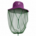 Purple mosquito net gardening hat with forest green insect mesh for native gardening, pollinator gardens, hiking, camping, and bird watching.