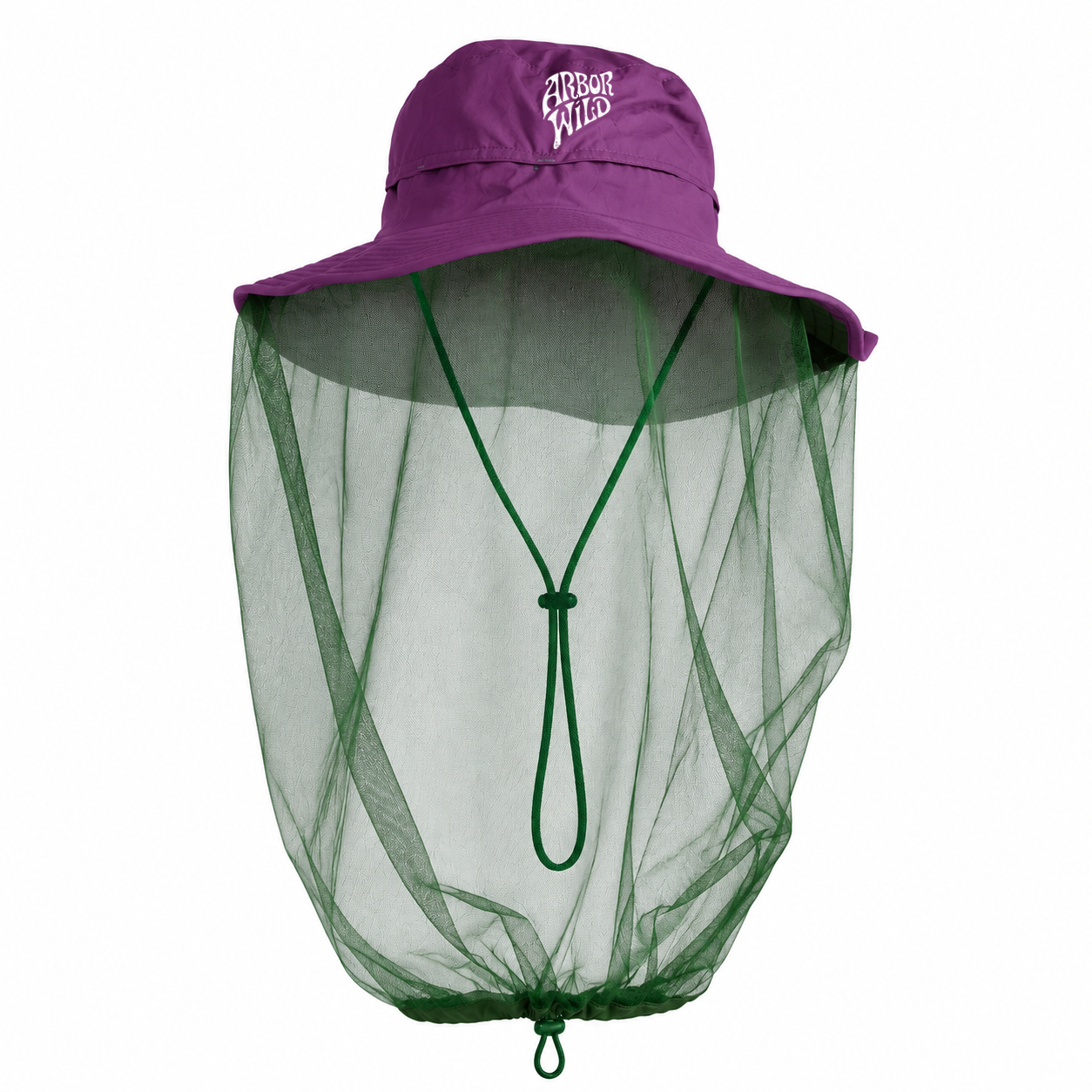 Purple mosquito net gardening hat with forest green insect mesh for native gardening, pollinator gardens, hiking, camping, and bird watching.